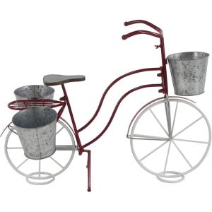 image:imageDeco 79 Metal Bike Indoor Outdoor Plantstand Distressed Indoor Outdoor Scroll 3 Tier Plant Shelf with Fleur De Lis Wheels Plant Stand 36 x 12 x 26 GrayRed