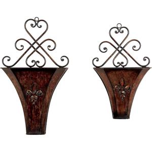 image:imageDeco 79 Metal Scroll Indoor Outdoor Wall Planter Indoor Outdoor Weathered Hanging Hanging Planter with FleurDeLis Accent Set of 2 Plant Hanger 22 18H Brown