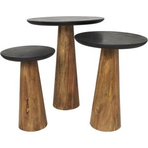image:imageDeco 79 Mango Wood Handmade Side End Accent Table Cone Shaped End Table with Black Tabletops Set of 3 Side Table 24 21 18 H Brown