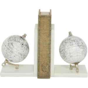 image:imageDeco 79 Marble Globe Decorative Bookends Non Skid Bookends with Silver Metal Accents Set of 2 Office Bookends5W 7H White