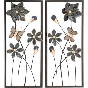 image:imageDeco 79 Metal Floral Home Wall Decor Wall Sculpture with Black Frames and Butterfly Accents Set of 2 Wall Art 12W 28H TealTeal