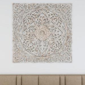 image:imageDeco 79 Wood Floral Handmade Home Wall Decor Intricately Carved Mandala Wall Sculpture with Brown Distressing Wall Art 36 x 1 x 36 White36L x 1W