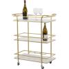 image:imageDeco 79 Marble Rolling 1 Glass and 2 Marble Shelves Bar Cart with Handles 27 x 13 x 33 Gold