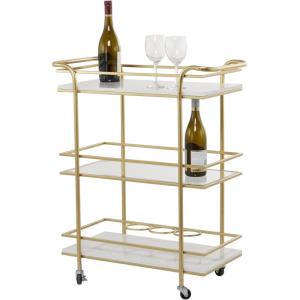 image:imageDeco 79 Marble Rolling 1 Glass and 2 Marble Shelves Bar Cart with Handles 27 x 13 x 33 Gold