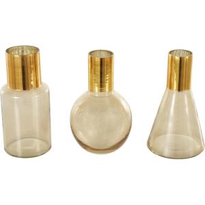 image:imageDeco 79 Glass Geometric Tinted Vase with Gold Rim and Varying Shapes Set of 3 898 H BlueGold