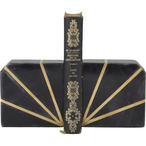 image:imageCosmoLiving by Cosmopolitan Marble Geometric Bookends with Gold Inlay Set of 2 4W 6H WhiteBlackGold
