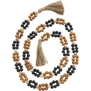 image:imageDeco 79 Mango Wood Handmade Round Double Layered Long Carved Garland with Tassel with Black and Cream Accents 80 x 2 x 2 Brown