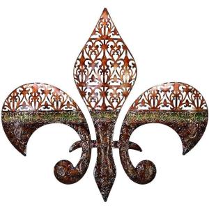 image:imageDeco 79 Wood Scroll Home Wall Decor Medallion Wall Sculpture with Metal FleurDeLis Detail Wall Art 35 x 1 x 35 BrownBrown
