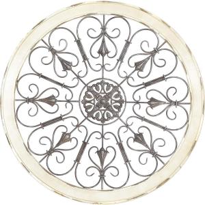 image:imageDeco 79 Wood Scroll Home Wall Decor Medallion Wall Sculpture with Metal FleurDeLis Detail Wall Art 35 x 1 x 35 BrownWhite