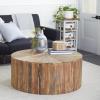 image:imageDeco 79 Reclaimed Wood Geometric Handmade Pinwheel Drum Coffee Table with Colorful Painted Accents 38 x 38 x 16 BrownRustic