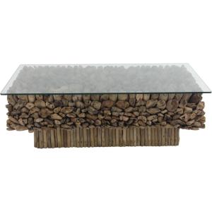 image:imageDeco 79 Driftwood Handmade Coffee Table with Layered Stick Pedestal Base and Tempered Glass Top 49 x 30 x 17 Brown