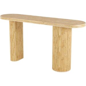 image:imageDeco 79 Rattan Handmade Textured Oval Console Table with Linear Wood Strip Design 64 x 16 x 32 BrownBrown