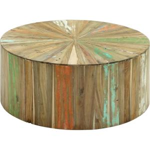 image:imageDeco 79 Reclaimed Wood Geometric Handmade Pinwheel Drum Coffee Table with Colorful Painted Accents 38 x 38 x 16 BrownRustic