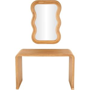 image:imageDeco 79 Wood Handmade Living Room Console Table with Mirror Ribbed Table Set of 2 Entryway Table 49 27 W Brown