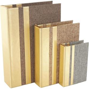 image:imageDeco 79 Linen Fabric Decorative Box Faux Storage Book Book Shaped Boxes with Faux Leather Detailing Set of 3 Decorative Keepsake Boxes 15 12 9H BrownMulti Colored