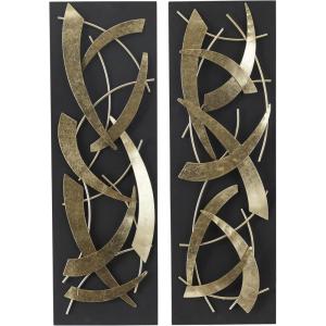 image:imageDeco 79 Metal Abstract Home Wall Decor Dimensional Wall Sculpture with Black Wood Backing Set of 2 Wall Art 12W 36H Gold