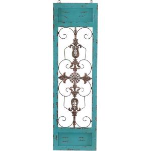 image:imageDeco 79 Wood Scroll Home Wall Decor Arabesque Wall Sculpture with Metal Fleur De Lis Relief Wall Art 14 x 1 x 47 TealTeal