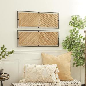 image:imageDeco 79 Wooden Geometric Home Wall Decor Linear Carved Wall Sculpture with Black Frame Set of 2 Wall Art 32W 12H Brown