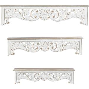 image:imageDeco 79 Wooden Scroll Carved 3 Shelves Wall Shelf Set of 3 19 24 28W Cream