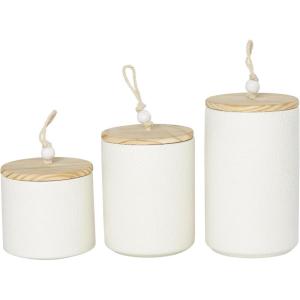 image:imageDeco 79 Ceramic Decorative Canisters Spotted Textured Containers with Brown Wood Lids and Beaded Accents Set of 3 Keepsake Boxes 9 7 5H Cream