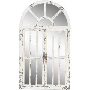 image:imageDeco 79 Wood Room Wall Mirror Window Pane Inspired 2 Door Entryway Mirror with Arched Top and Distressing Wall Mounted Mirror 26 x 3 x 46 White