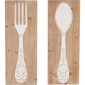 image:imageDeco 79 Wooden Utensils Home Wall Decor Wall Sculpture with Carved White Floral Designs Set of 2 Wall Art 12W 32H Brown