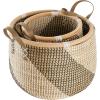 image:imageDeco 79 Seagrass Handmade Diagonal Striped Storage Basket with Black and White Plastic Weaving and Leather Handles Set of 2 18 13 W BrownBrown