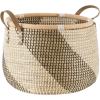 image:imageDeco 79 Seagrass Handmade Diagonal Striped Storage Basket with Black and White Plastic Weaving and Leather Handles Set of 2 18 13 W BrownBrown