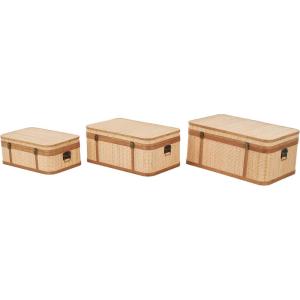 image:imageDeco 79 Rattan Decorative Trunk Woven Decorative Large Boxes with Brass Metal Latches and Brown Wooden Accents Set of 3 Storage Trunks 28 26 23 W Light Brown