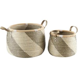 image:imageDeco 79 Seagrass Handmade Diagonal Striped Storage Basket with Black and White Plastic Weaving and Leather Handles Set of 2 18 13 W BrownBrown