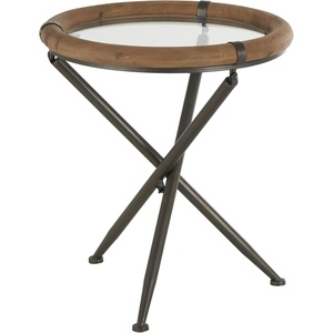 image:imageDeco 79 Metal Side End Accent Table Round End Table with Brown Wooden Framed Glass Tabletop Side Table 20 x 20 x 22 Brass